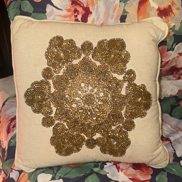 Other - Beaded Gold Medallion Decorative Throw Pillow - Cream